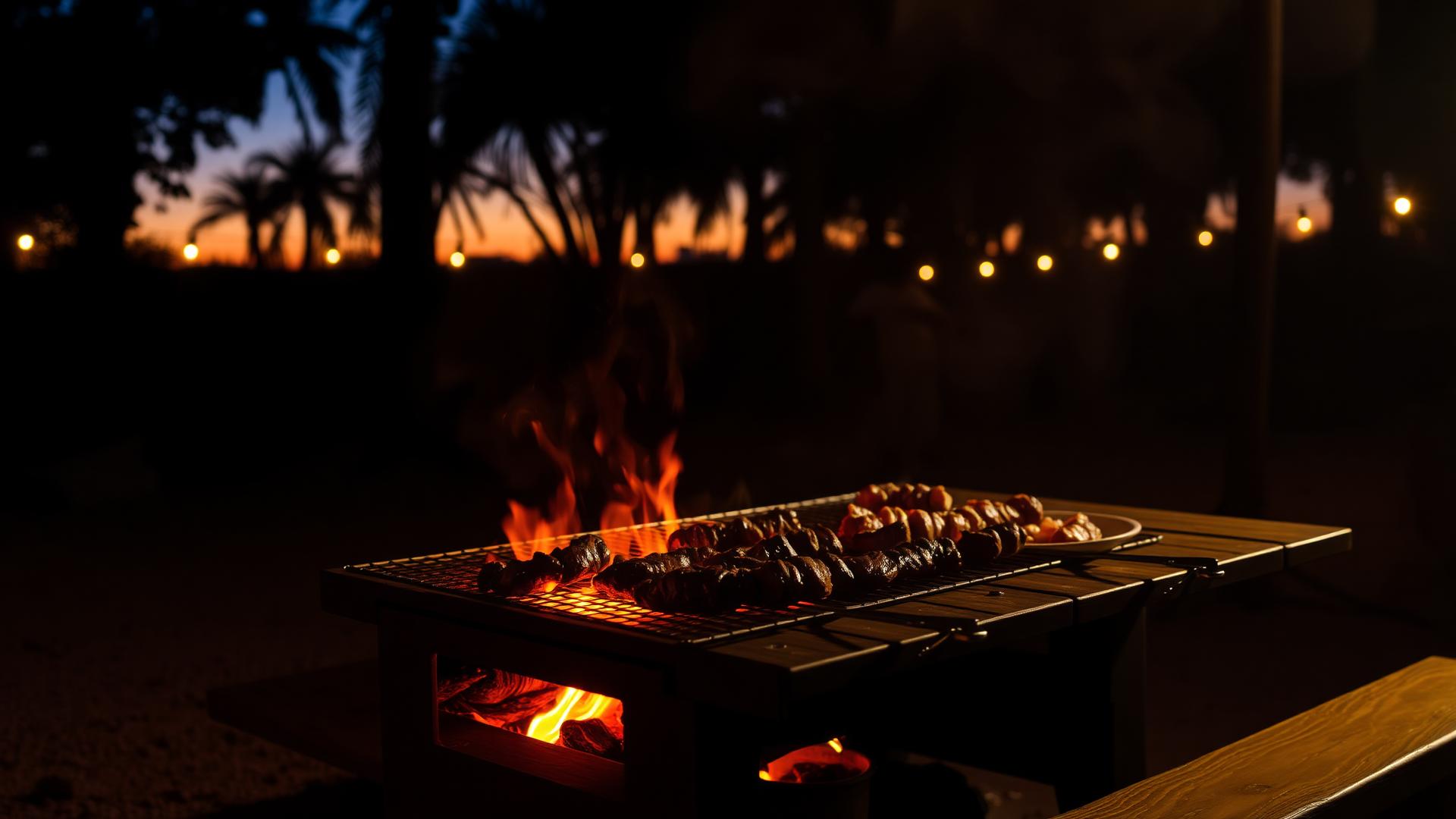 Brasero allumé au crépuscule avec grillades
